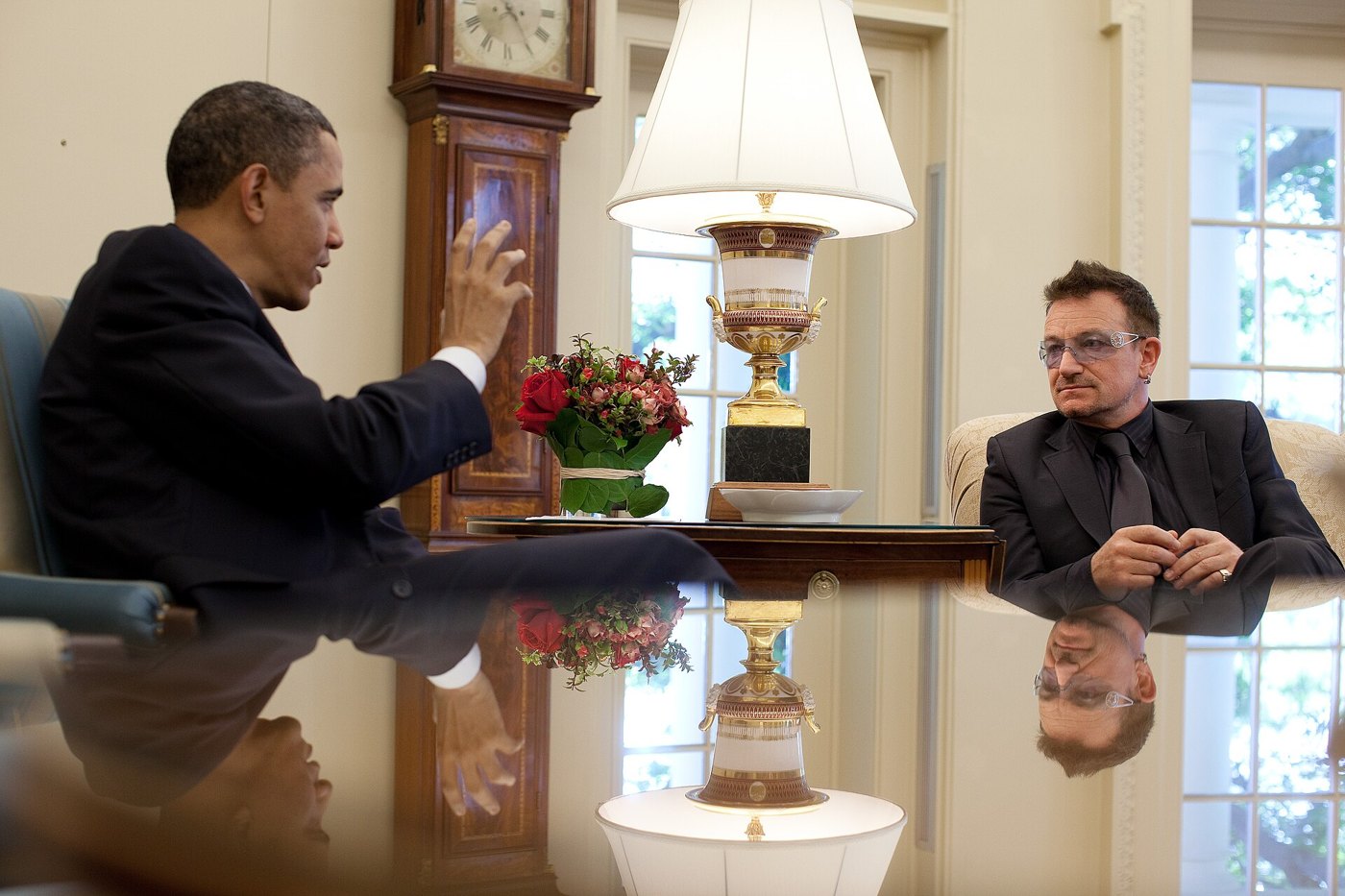 Bono with President Obama in the Oval Office, April 2010